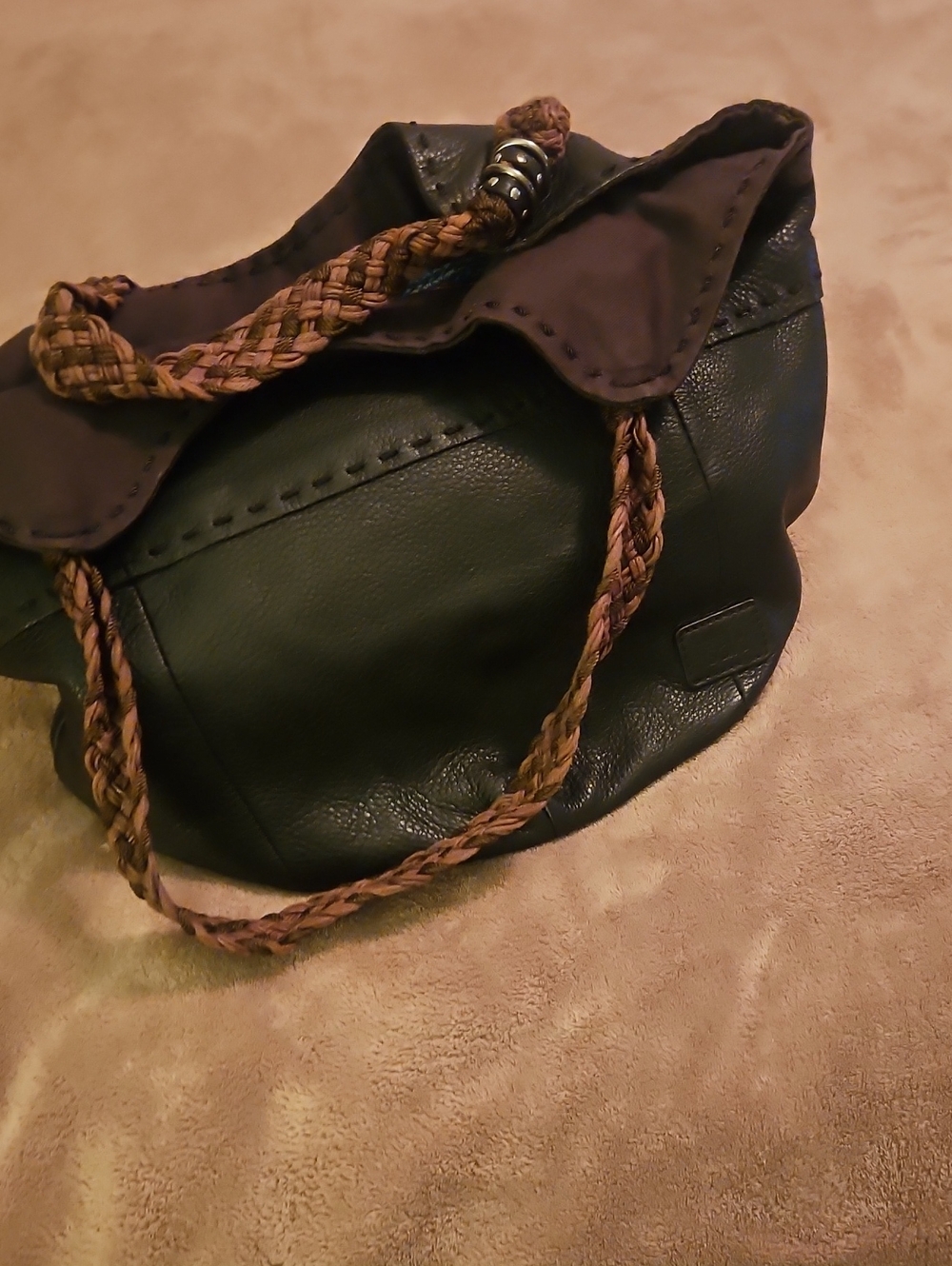 Women's Black Leather Hobo Bag with Braided Tan Strap